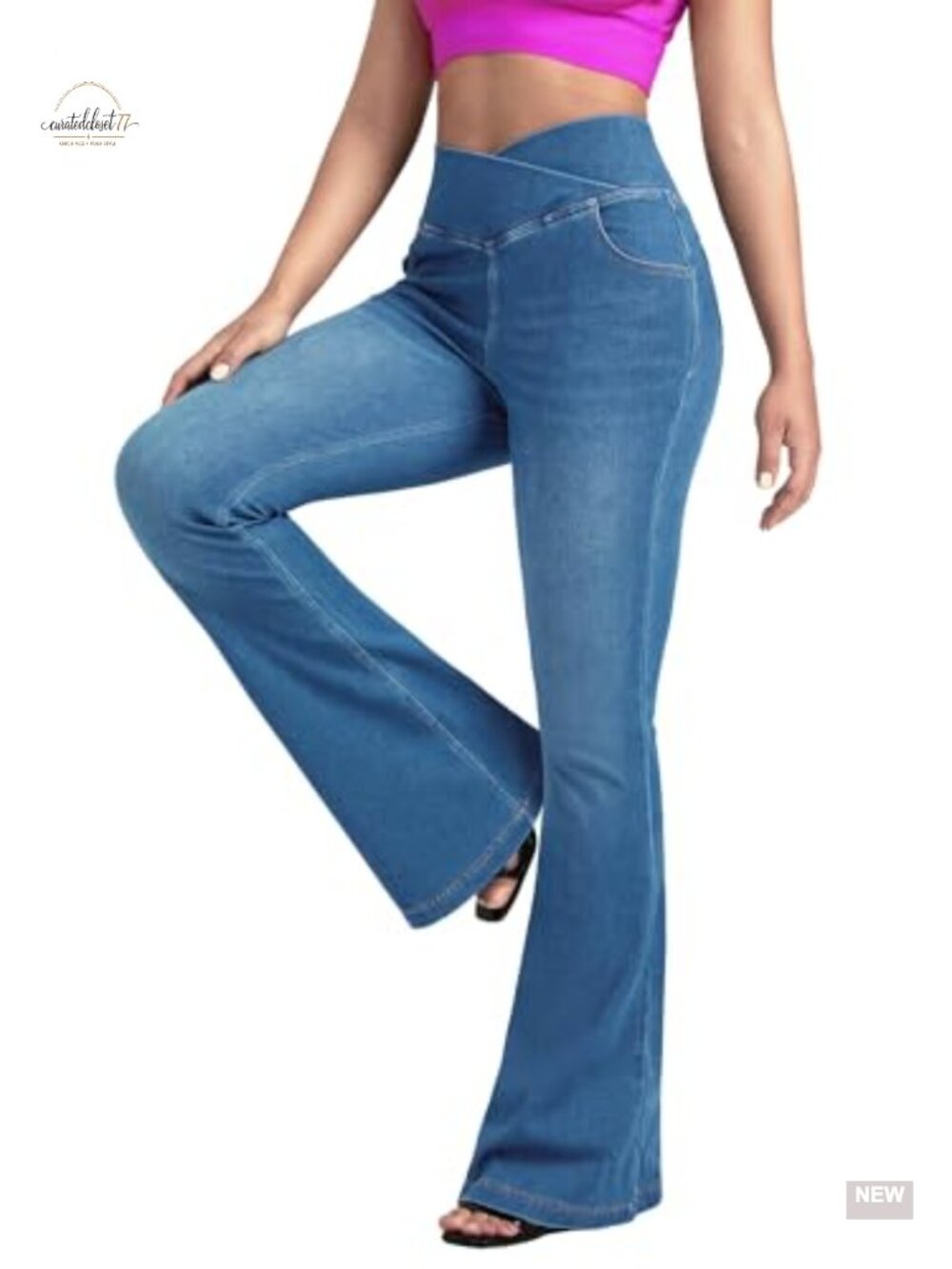 Women's Flare Jeans High Waisted Crossover Knit Stretch Bell Bottom Denim